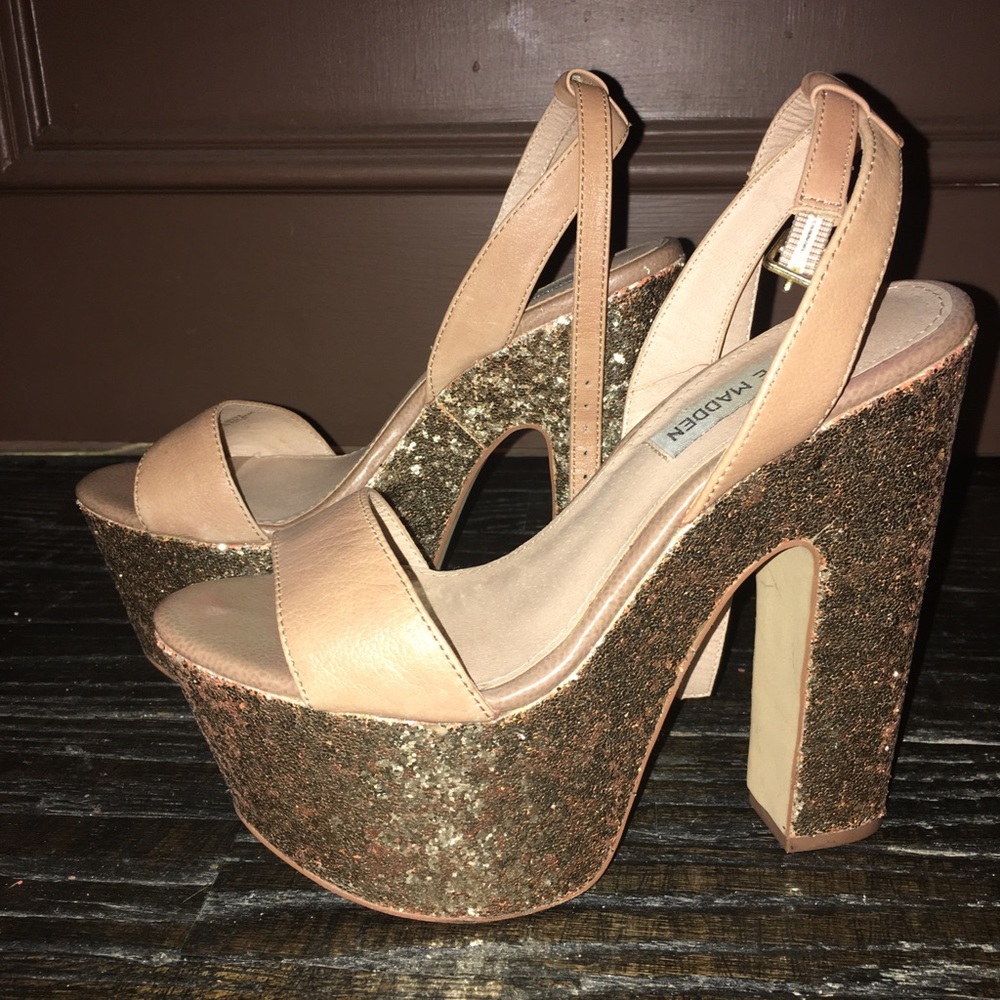 Steve Madden Y2K Shazzam Gold Glitter Nude Tan Leather Platform Heels Sz 6